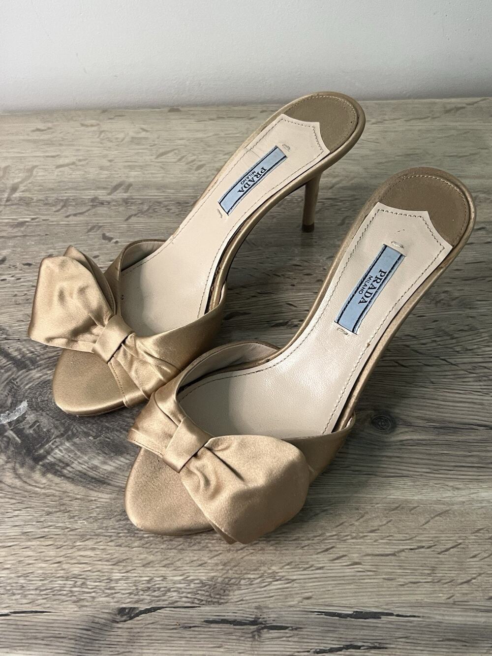 Prada Satin Now Open Toe Mules Sandal Heels Size 37 Metallic Gold